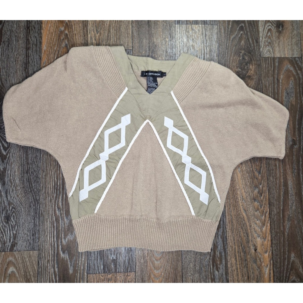 Vintage IB Diffusion Tan Mixed Media Short Sleeve Sweater V-Neck Geometric Large